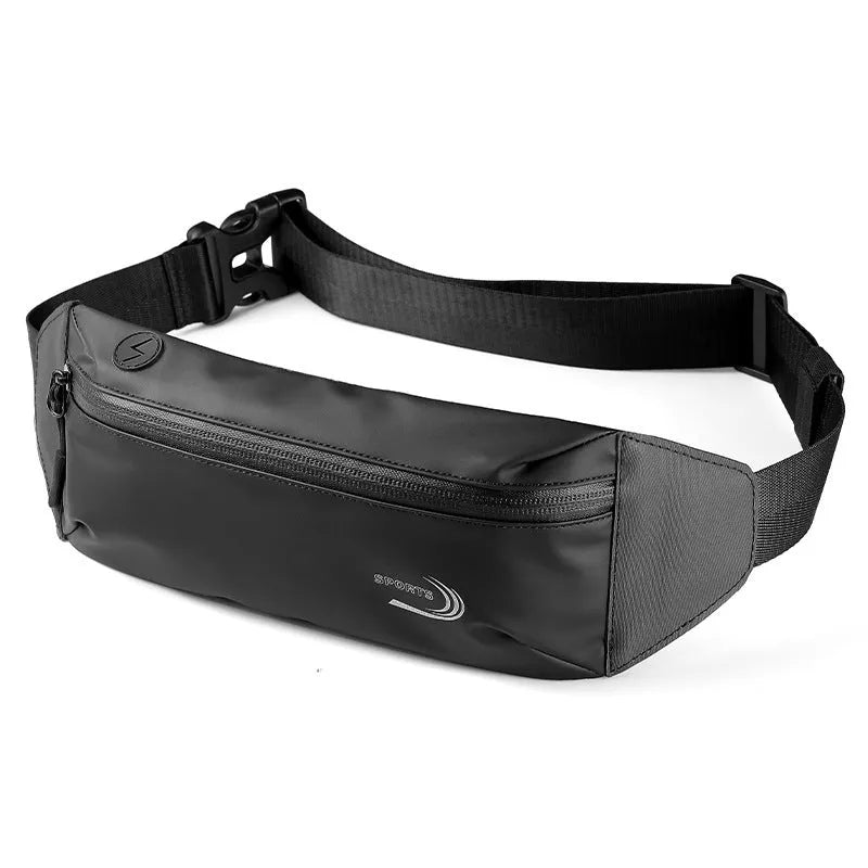 Men's solid-colour waterproof sports waist bag in Derm Oxford polyester, shown in blue, black, or grey