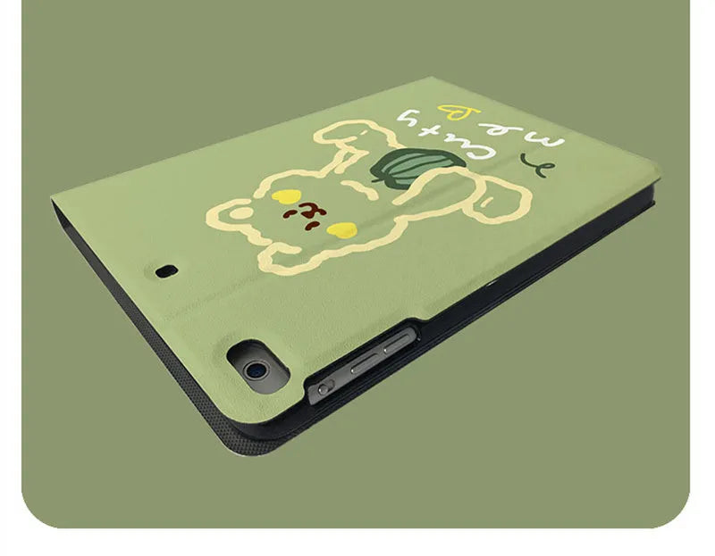 Korean cartoon flip iPad case in Matcha Zoo design, imitation leather, fitted on an iPad showing the front cover with sleep function