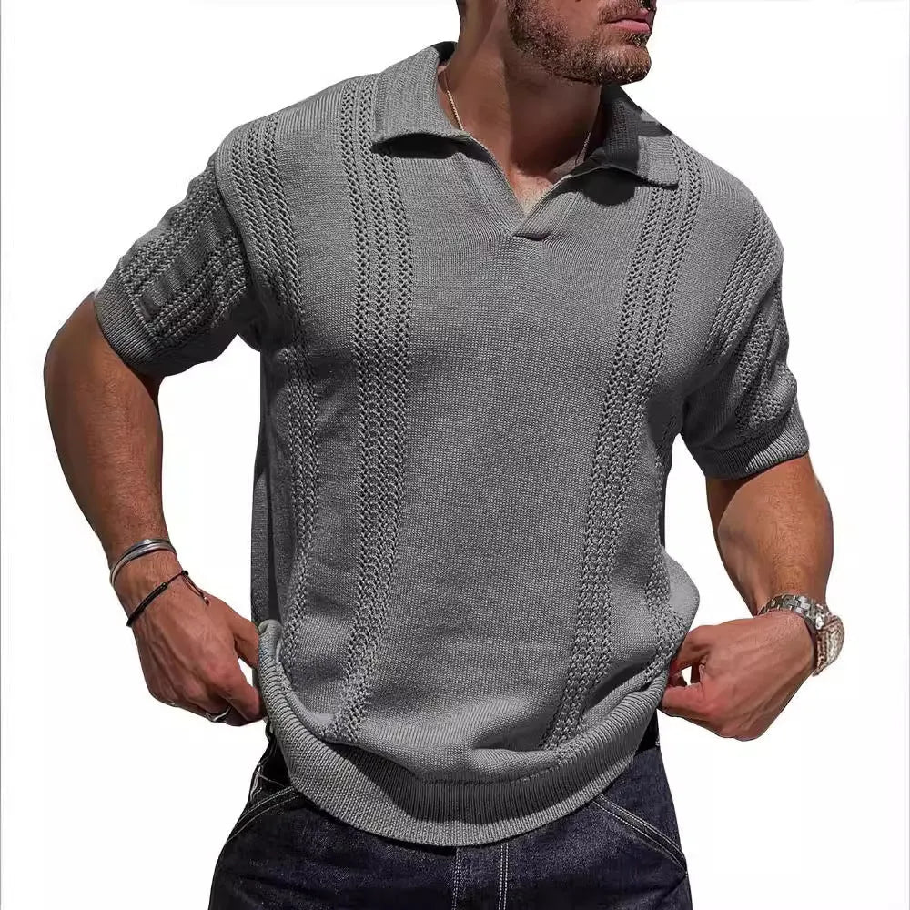 Men's knitted polo shirt short sleeve V-neck hollow in black cotton blend loose fit