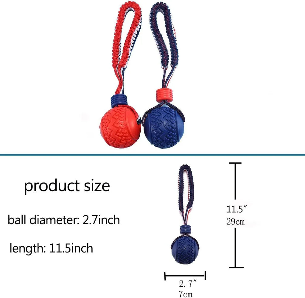 Blue dog ball with rope toy showing textured surface and cotton rope attachment