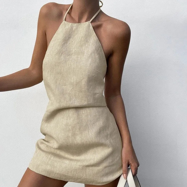 Solid colour women's A-line summer dress made from a linen blend fabric.