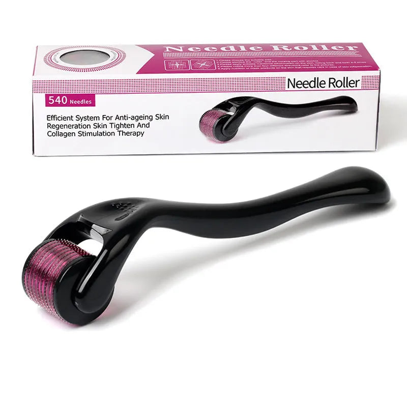 Close-up of a black derma roller with 540 titanium microneedles, showing needle sizes from 0.2mm to 1.0mm for facial and scalp treatment.