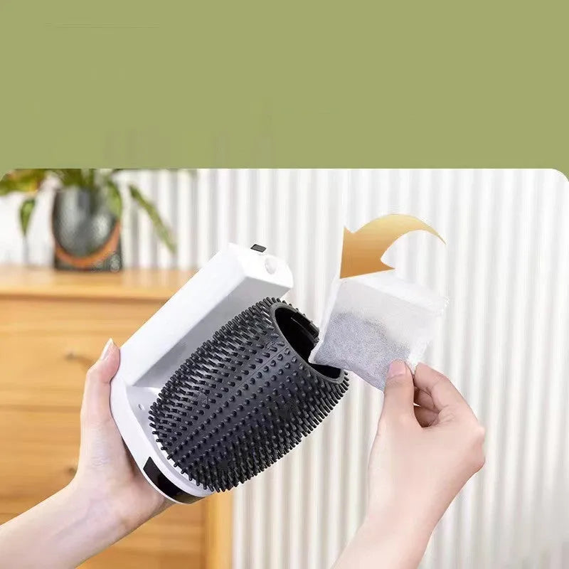 White automatic cat self grooming brush mounted in corner with silicone bristles