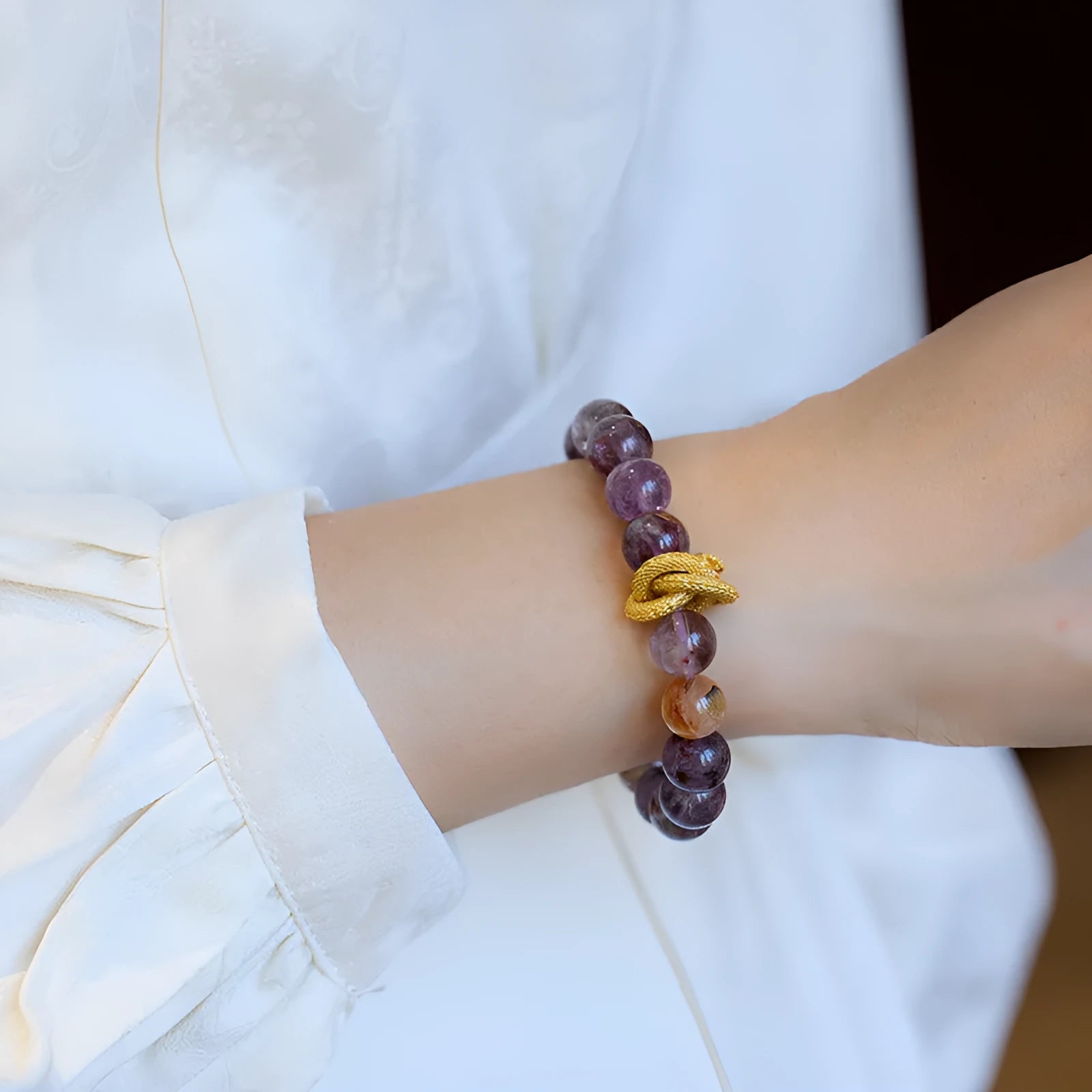 Purple ghost stone nine purple good luck crystal bracelet with 10mm beads and animal zodiac design.