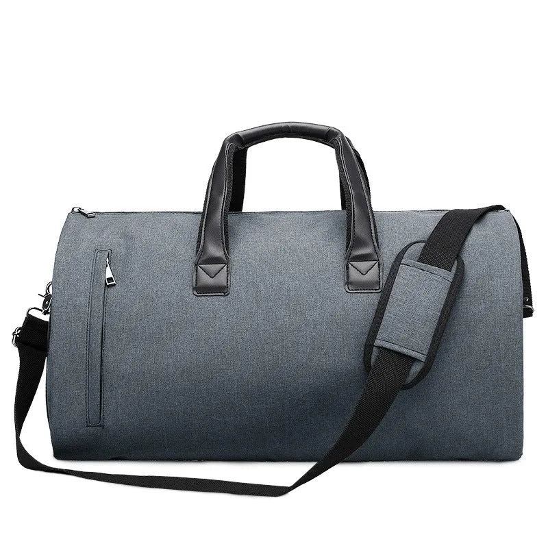 Men's light grey Oxford cloth travel bag showing oval shape, single strap, and internal organisation compartments.