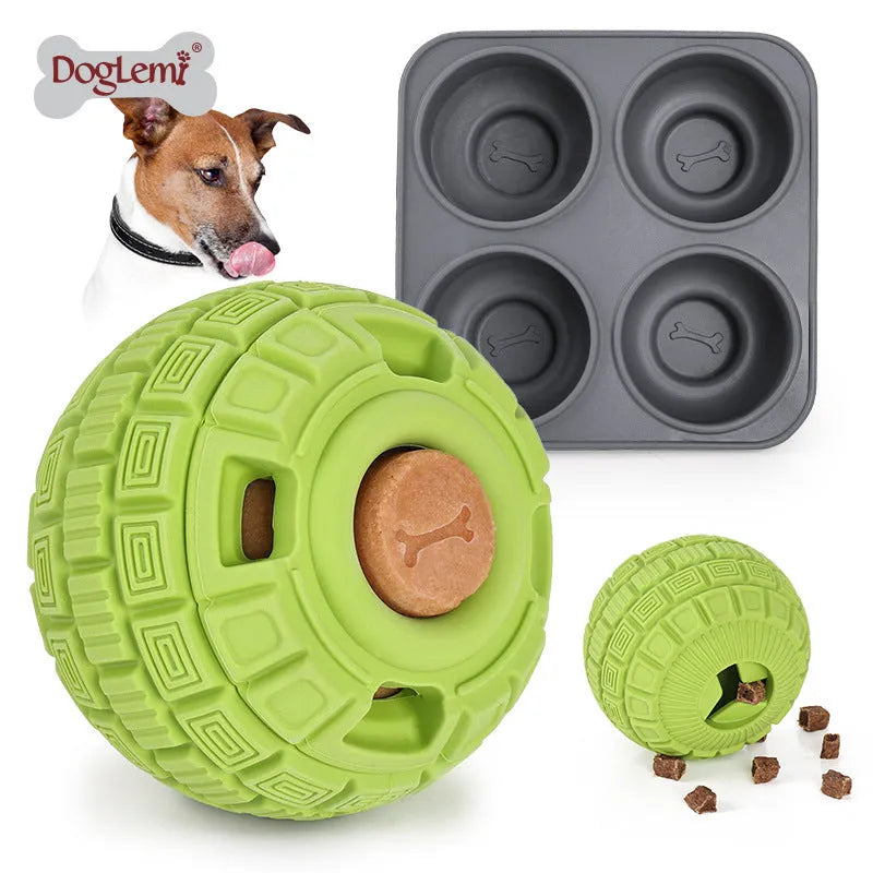 Green natural rubber food dropping ball dog toy with dispensing holes
