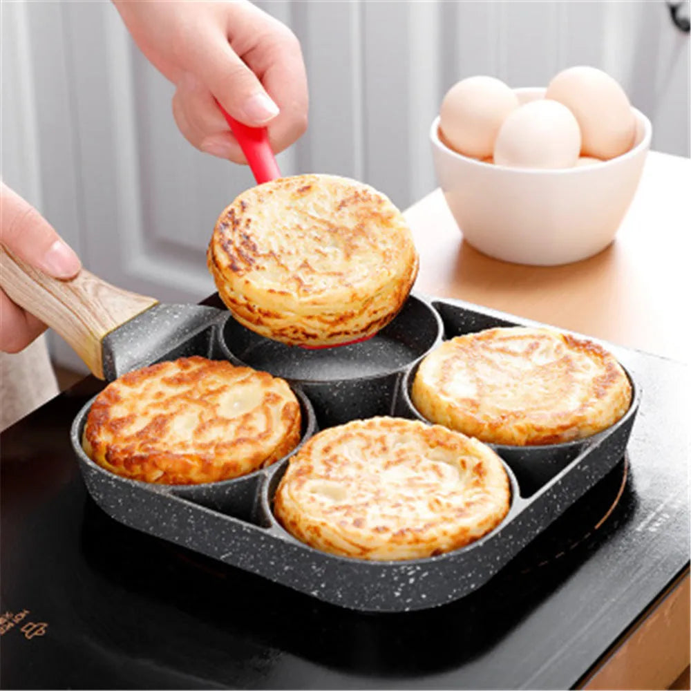 Four-hole aluminium non-stick frying pan with Bakelite handle and cooking accessories