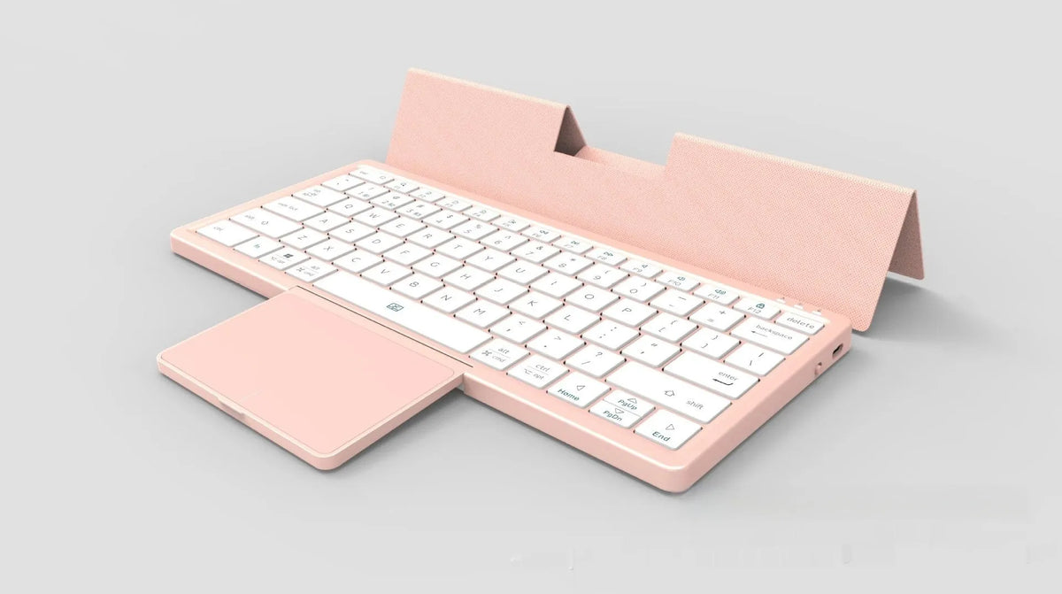 Three-in-one wireless Bluetooth keyboard with touch pad and leather stand in black and gray hardcover for iPad and phone