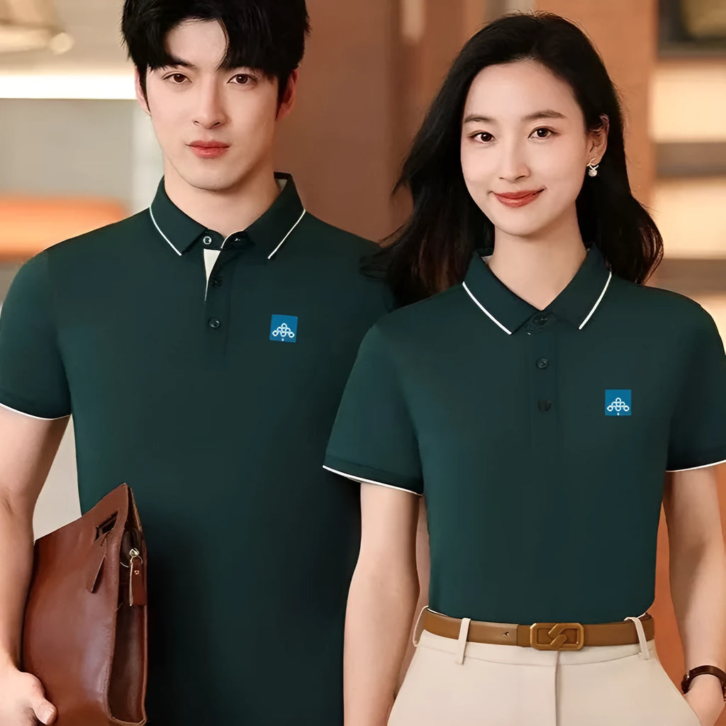 Men's light blue asymmetric overalls polo shirt made from ice silk fabric for summer workwear.
