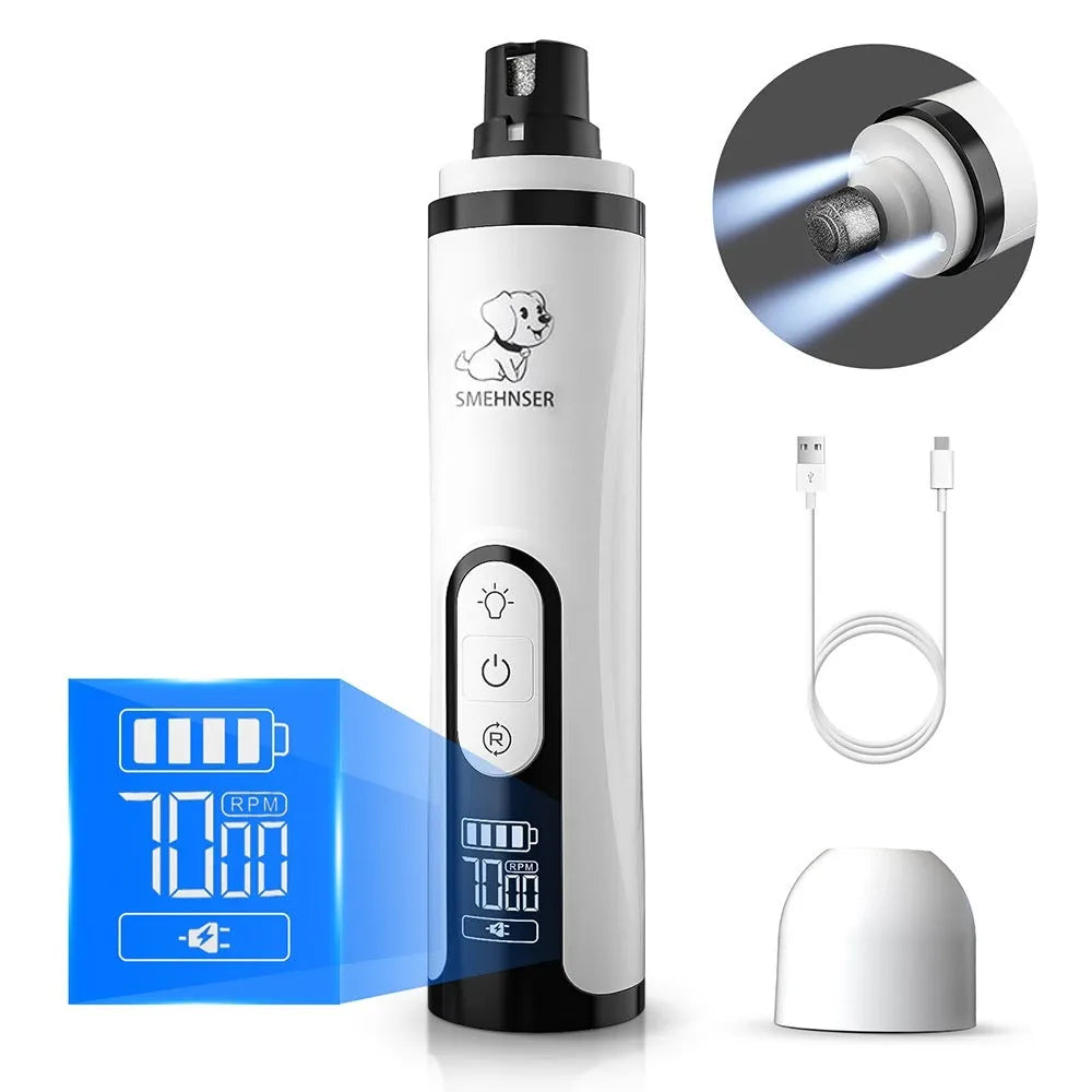 Electric dog nail grinder with automatic piercing head, LED display, and handheld design on a white background.