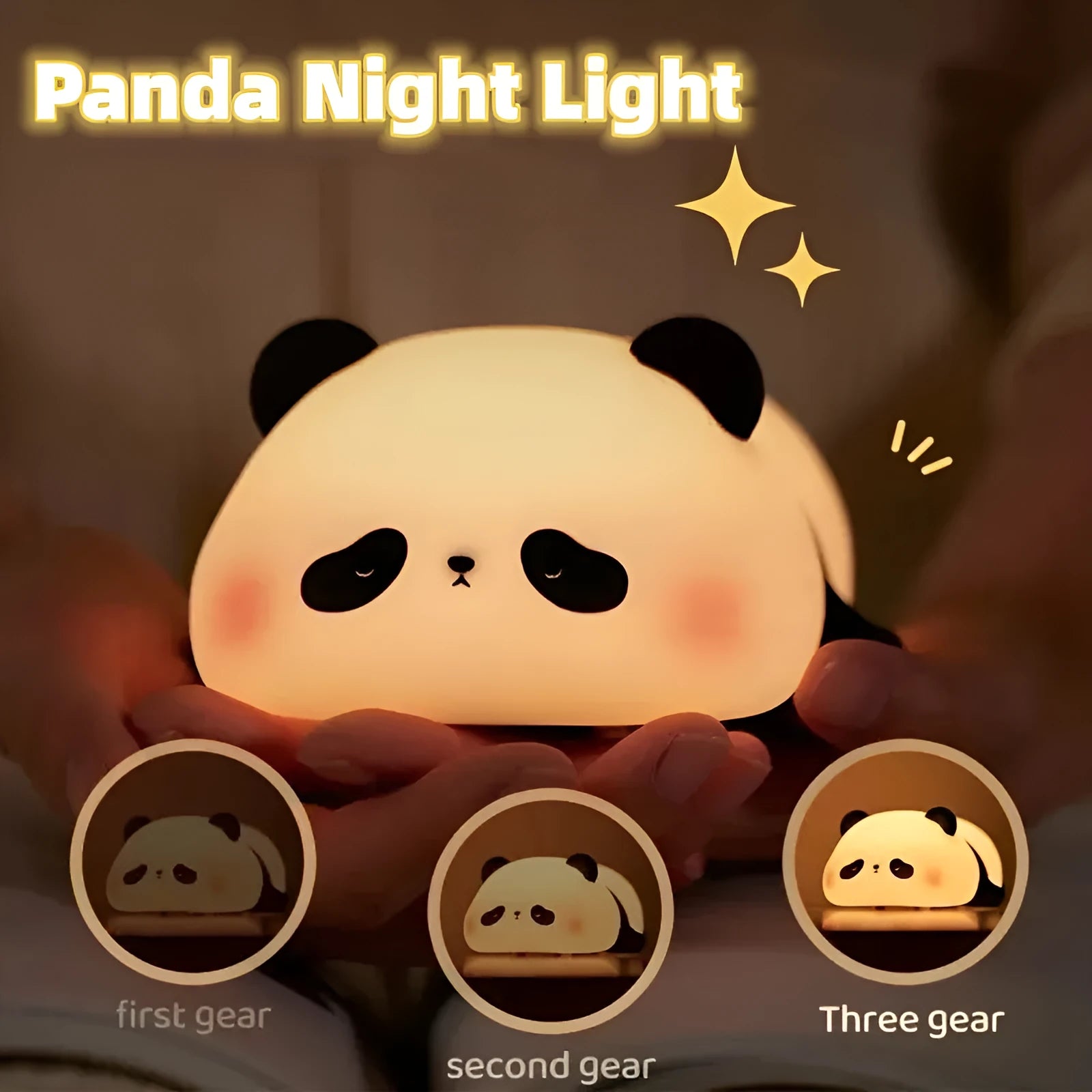 Panda-shaped silicone night light for kids on a bedside table