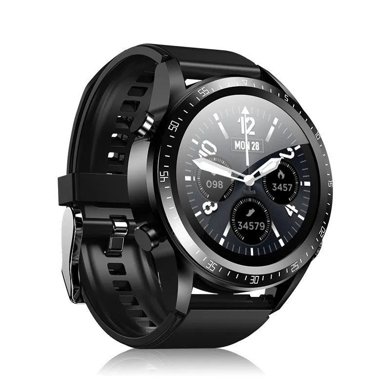 Black smart watch with blood pressure monitor on a silicone wrist strap, showing a 1.28-inch screen.
