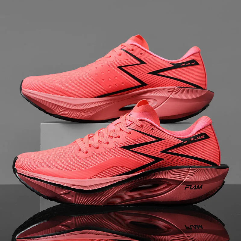 Marathon running shoes with carbon plate in orange colour on a white background