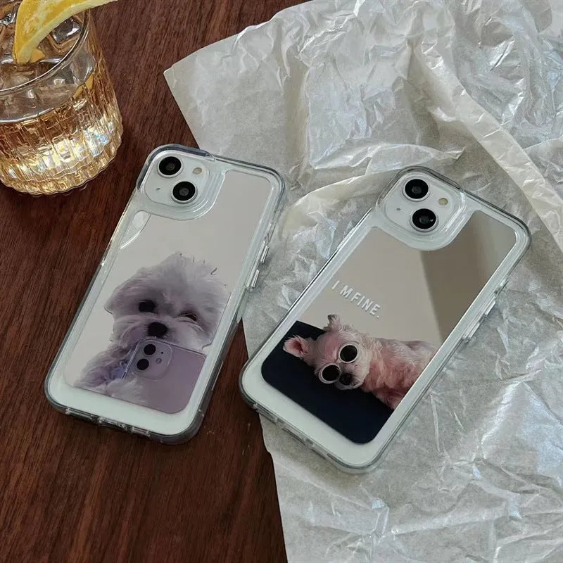 Mirror acrylic phone case with funny pet dog and cat design for iPhone, anti-fall protective back cover