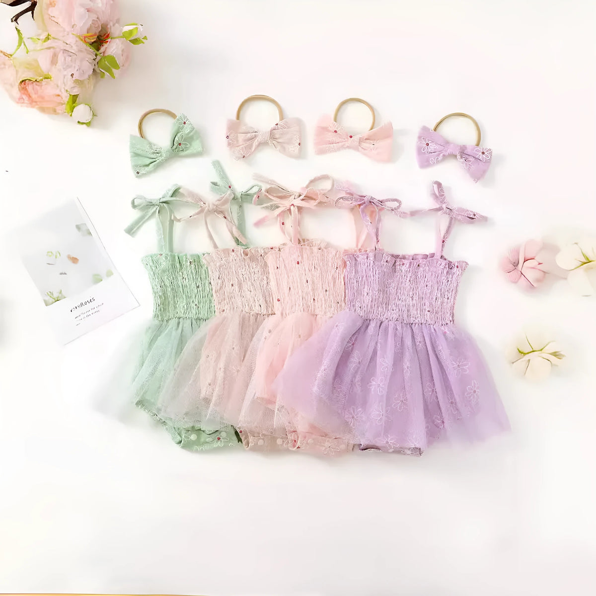 Baby girl mesh camisole princess dress with bowknot headwear in cotton, available in pink violet green and creamy-white