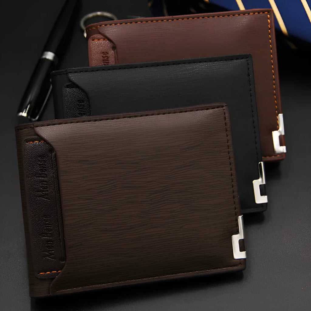 Men's iron-edge card-picking short wallet in PU material with compact design