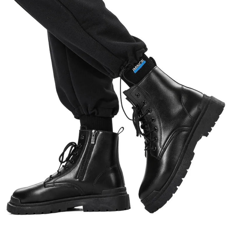 Men's mid-top British leather style boots with waterproof PU upper and rubber soles