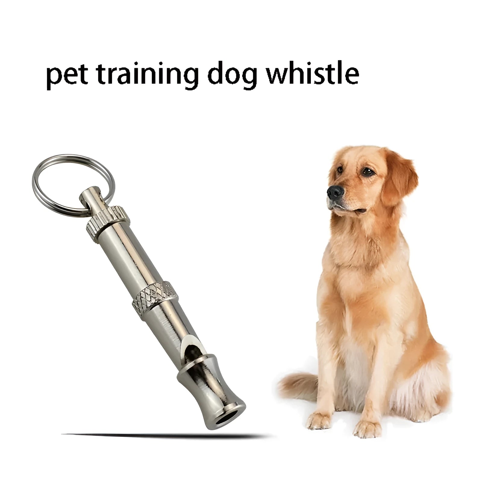 Metallic adjustable ultrasonic dog whistle for training and barking control.