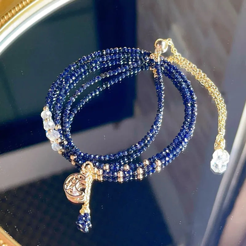 Blue gold sand stone multi-layer women's bracelet with three-ring adjustable design