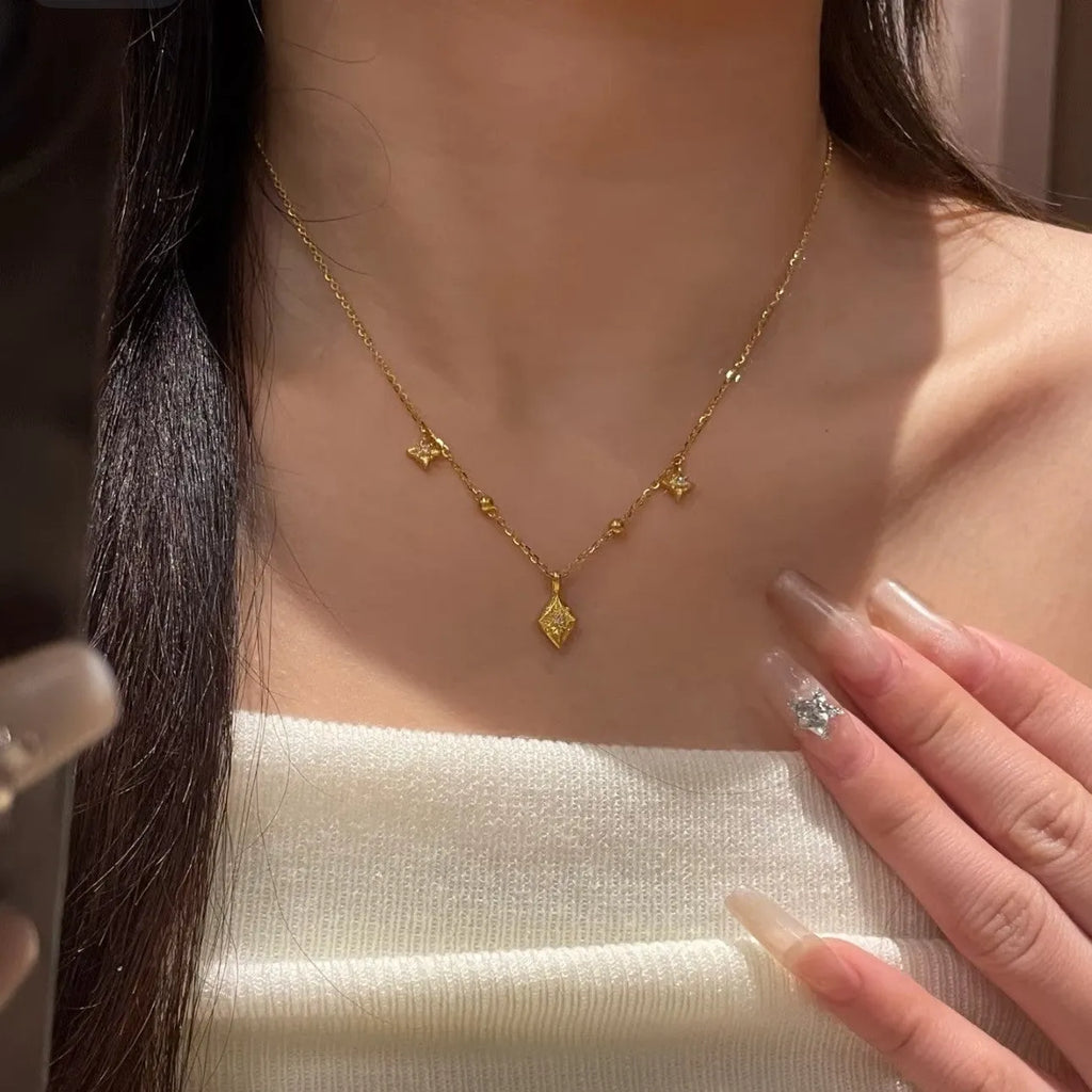 Eight awn star round beads copper necklace on woman with O-ring chain, diamond shape pendant, electroplated finish, adjustable 41-50cm