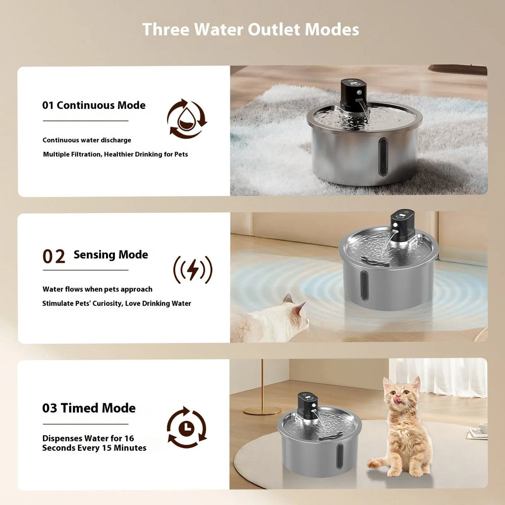 White stainless steel cat and dog water fountain with a constant temperature heating base on a table.