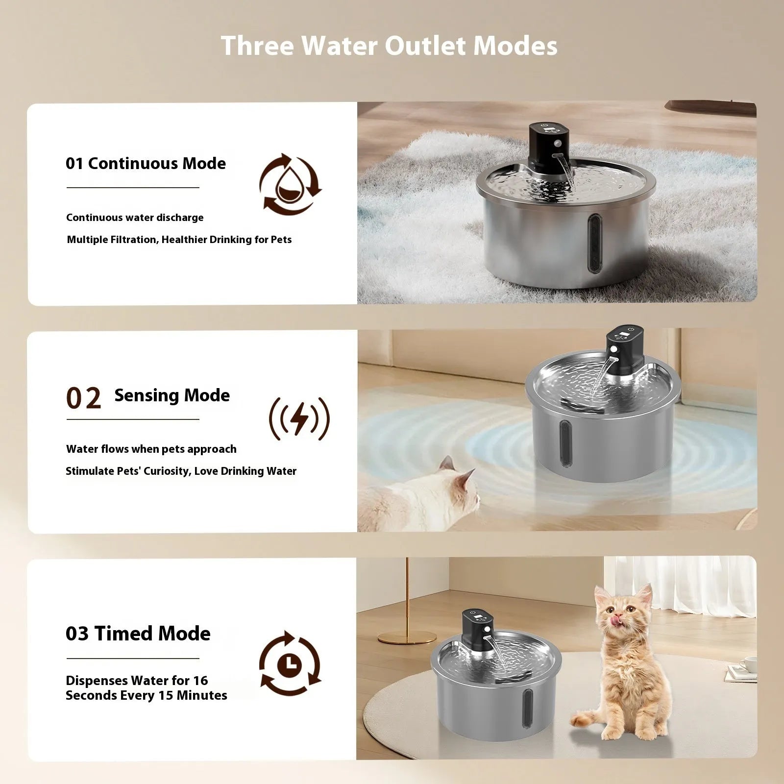 Stainless steel cat water fountain with white constant temperature base