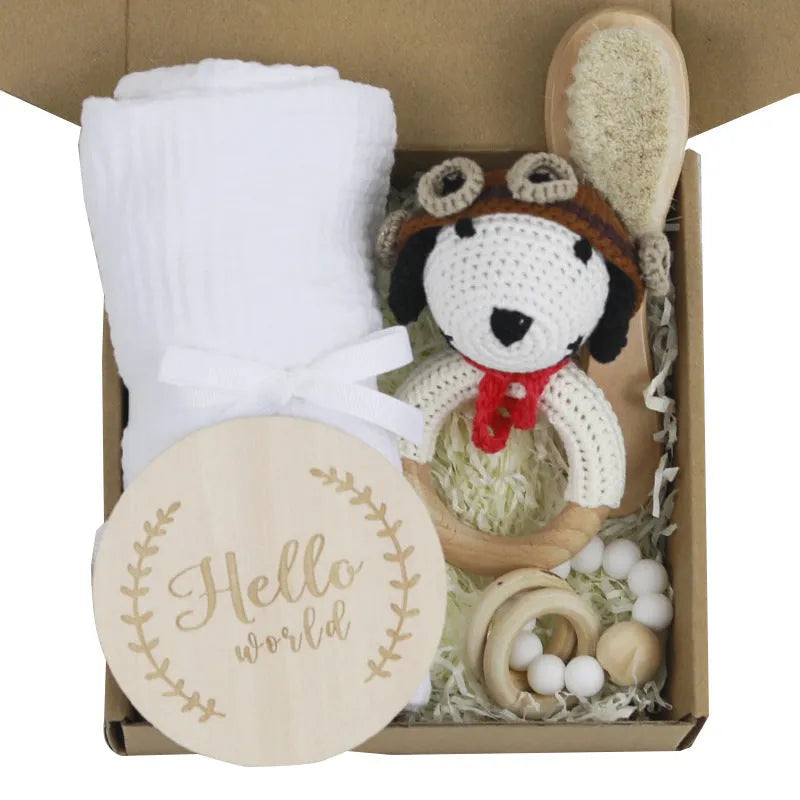 Baby teething toy gift set with bamboo cotton blanket and natural beech wood components