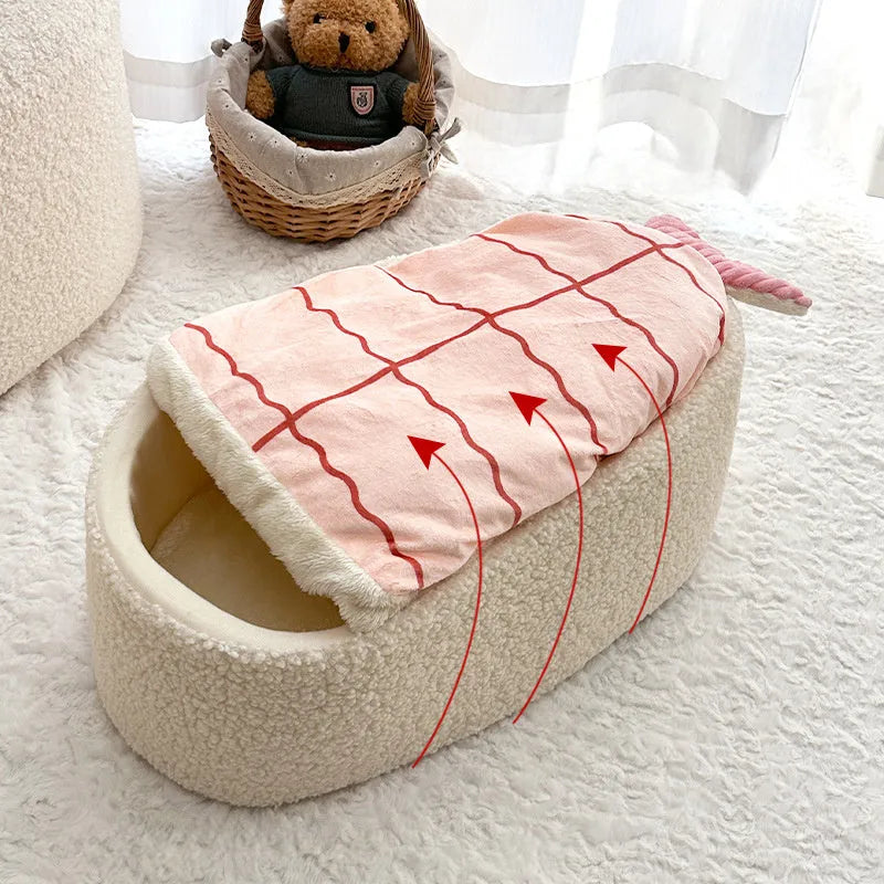 Sushi-shaped warm pet nest mattress with removable plush cover for cats and dogs