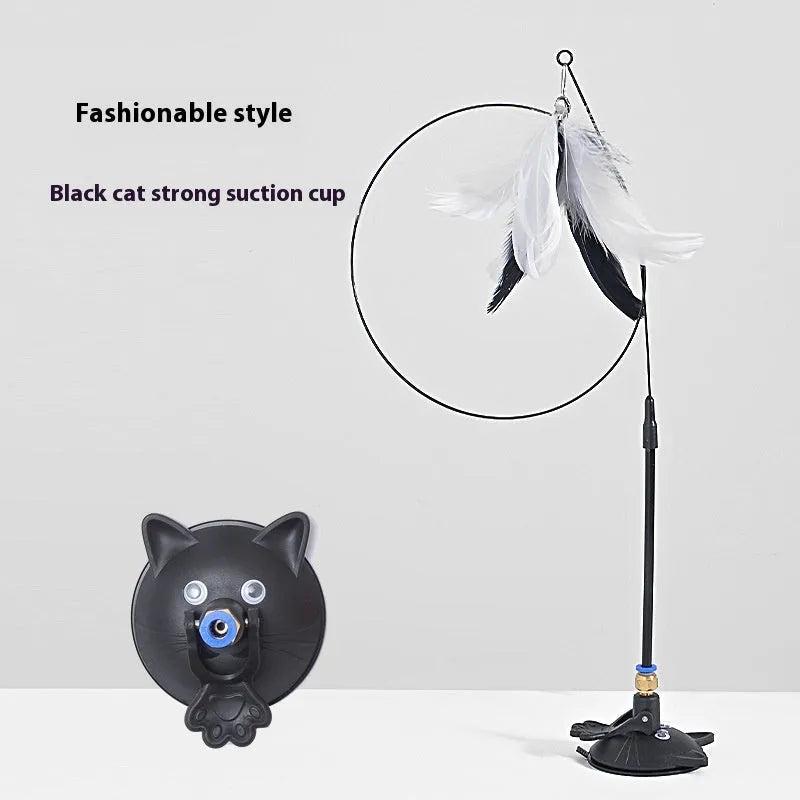 Cat teaser wand toy with suction cup holder and bell, shown in various colour and design options.