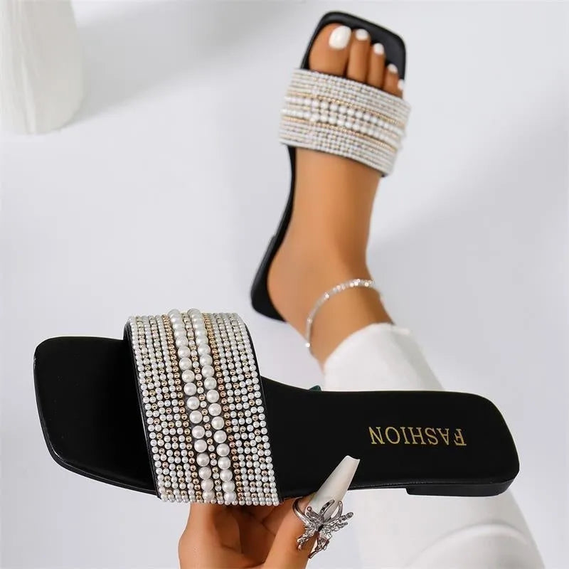 Women's classic flat slippers with rhinestones, PU upper, rubber sole, in black and milky white