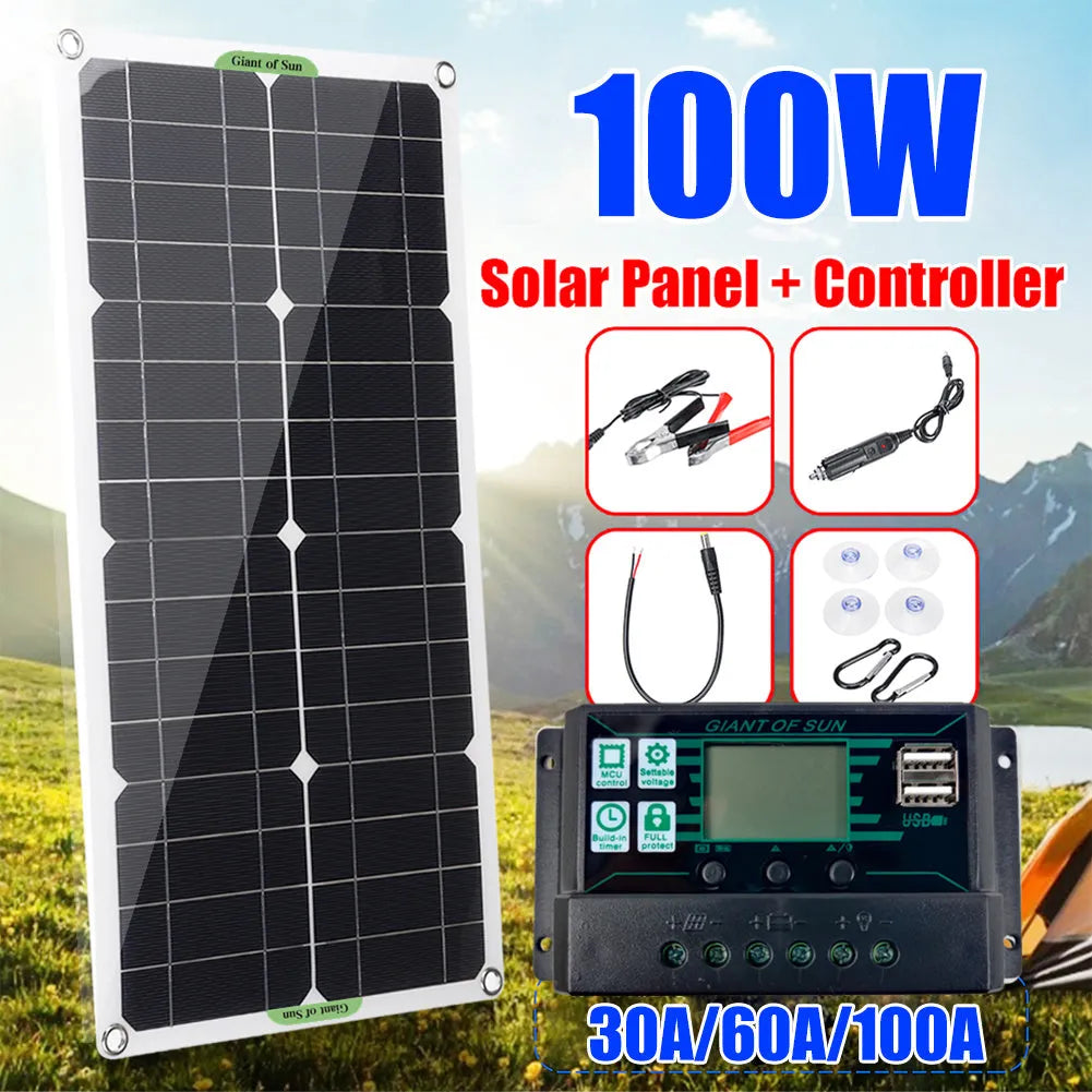 30W semi-flexible solar panel showing USB port and 18V output cable for outdoor charging.