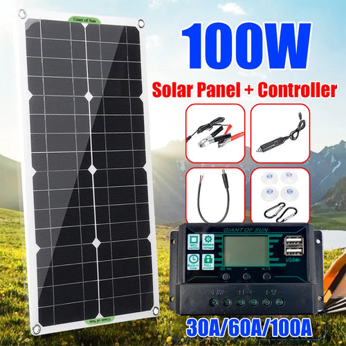 30W semi-flexible solar panel showing USB port and 18V output cable for outdoor charging.