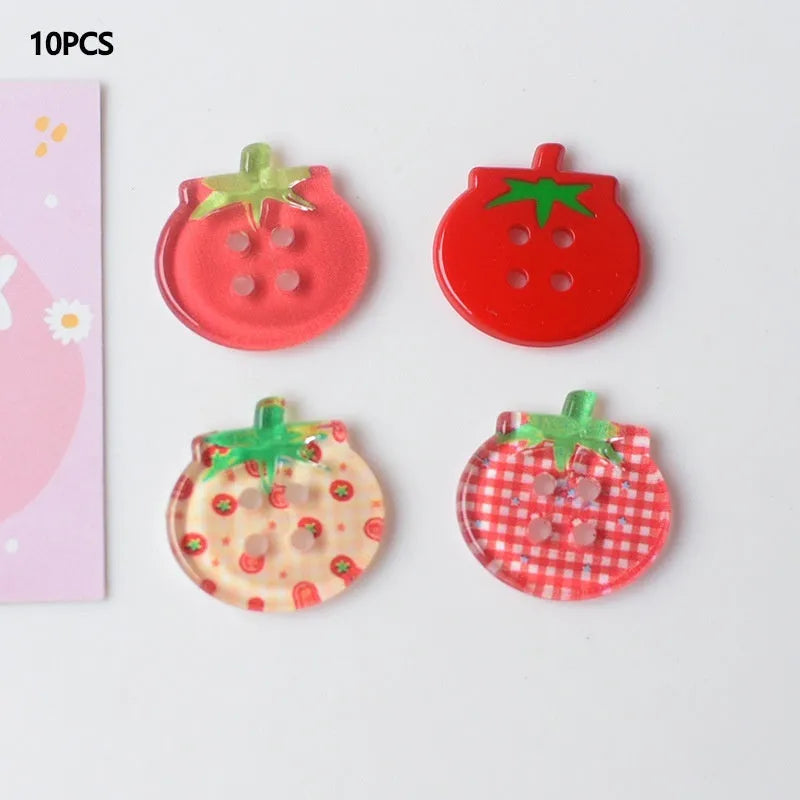 Plastic tomato button ornaments in cherry tomato printing, red plaid, solid red, and mixed colour designs