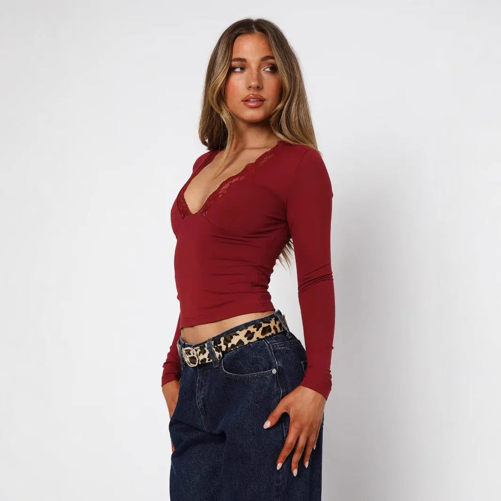 Women's slim-fit pullover top with lace flower decoration on long sleeves