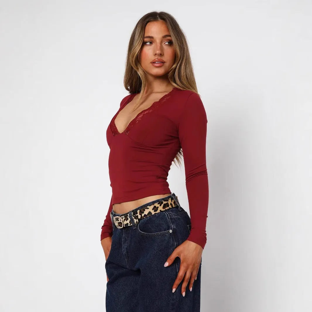 Women's slim-fit pullover top with lace flower decoration on long sleeves