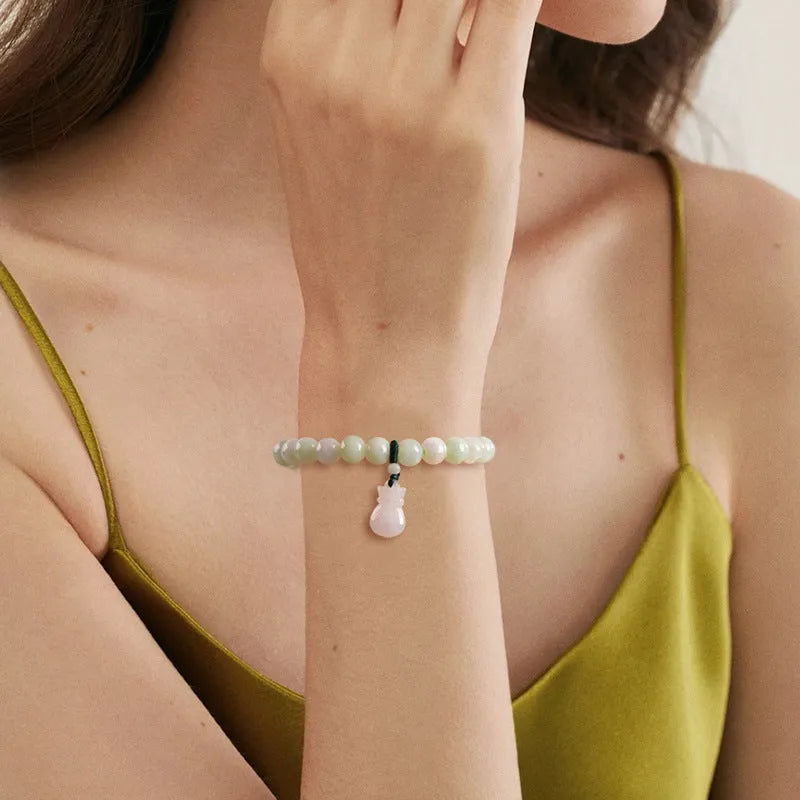 Ice jade bracelet with 8mm flower-shaped jade purse charm in national style