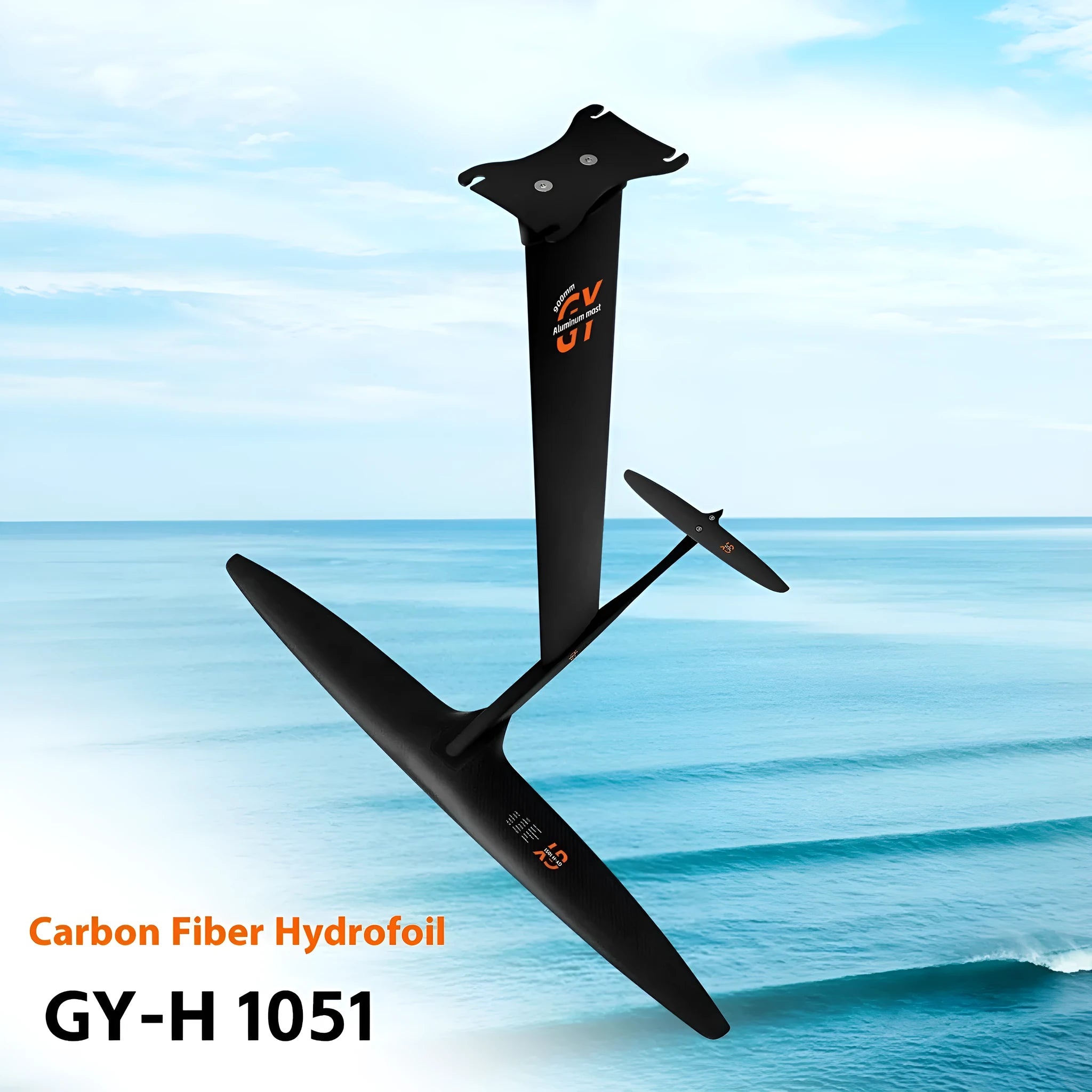 Black carbon fibre and aluminium alloy racing hydrofoil for surfboards with a large front wing.