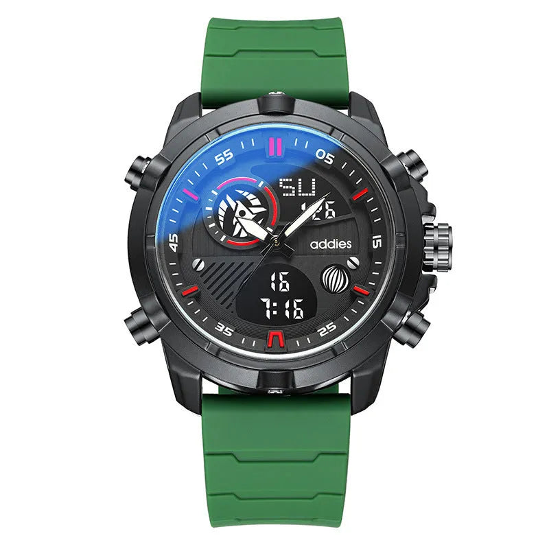Men's sports luminous digital watch with 46mm round dial, silicone strap, and mineral glass face in black colour
