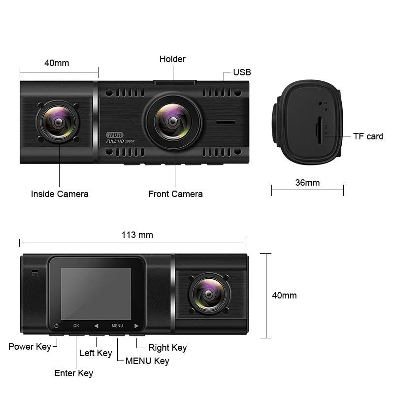 Standard black 1080p dashcam with 1.5-inch screen, showing car charger and stand accessories.