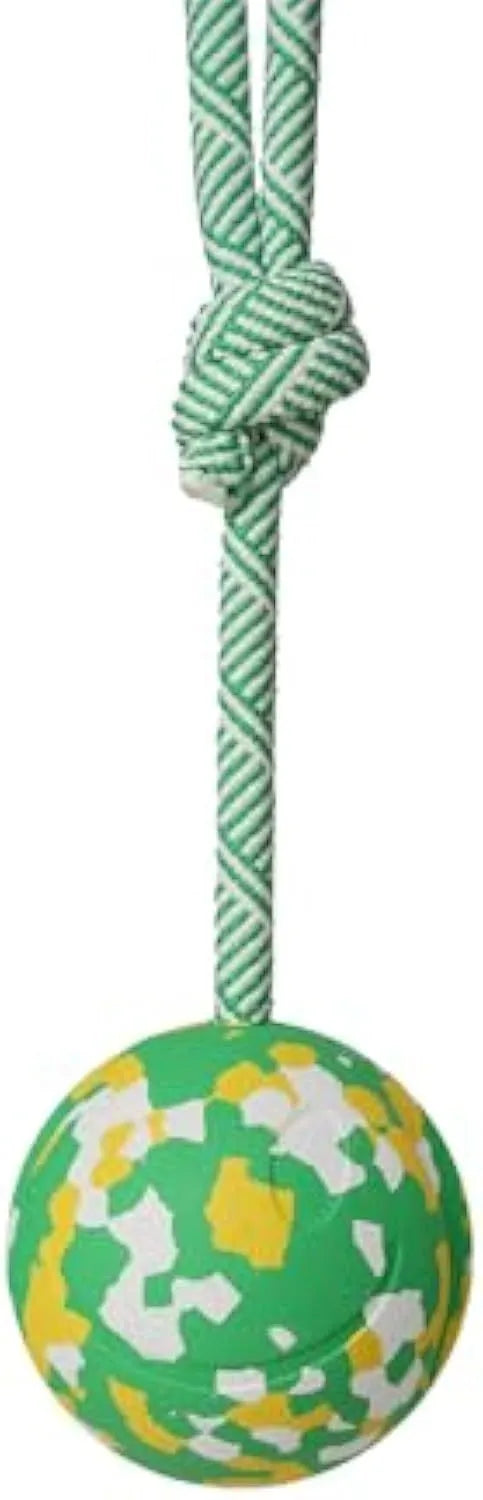 Natural rubber dog ball attached to a blue nylon rope for fetch and tug games.