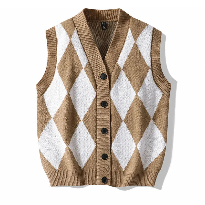 Men's V-neck cardigan sweater vest in solid colour, loose fit, sleeveless, spring autumn leisure wear