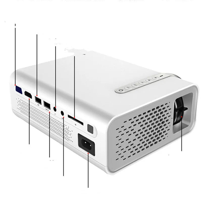 Portable HD 1080P projector in black with remote control and power cord on a table