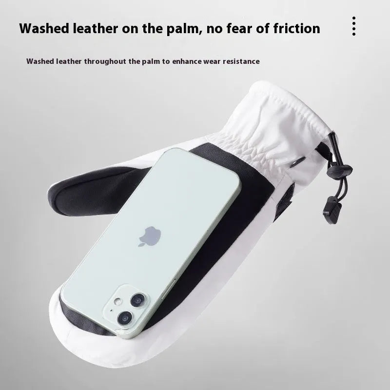 Black windproof cycling gloves with touch screen fingertips on a bicycle handlebar.