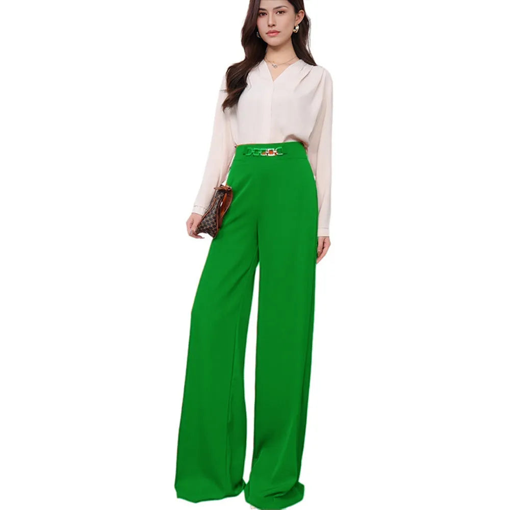 Solid colour draped wide leg pants for women, straight-leg polyester trousers with elastic waist, eight colour options