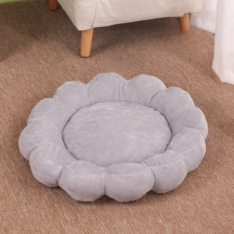 Square blue half-surrounded plush pet bed for small dogs and cats on a wooden floor.