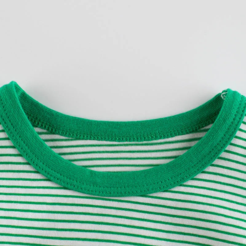 Cotton striped short sleeve baby bottoming shirt for boys in fruit green white, 90-140cm