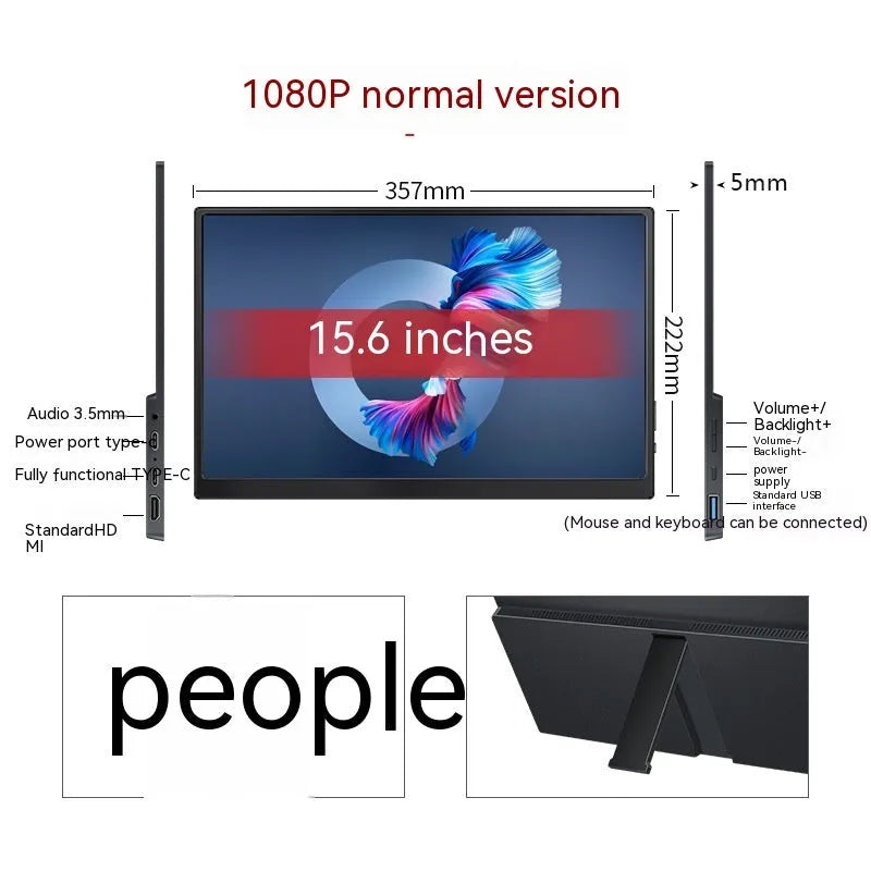 Black portable monitor with 1920x1080 IPS display showing a media scene, with touch screen option available