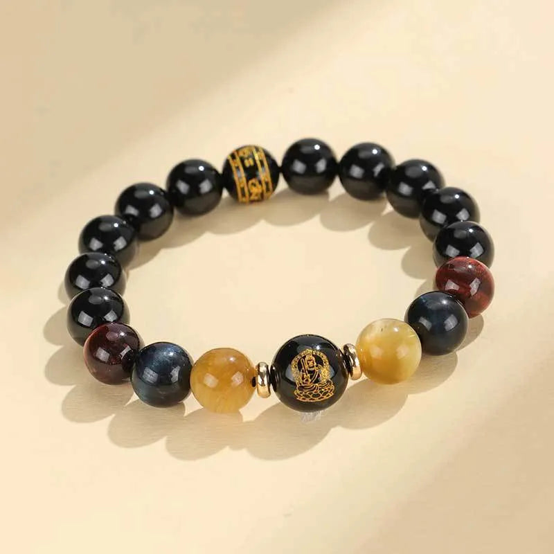 Handmade black agate beaded bracelet with Buddhist carving and tiger eye gemstones