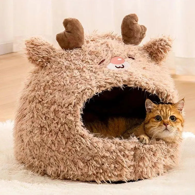 Semi-enclosed cotton cat litter tent in yurt style, shown in bear design.