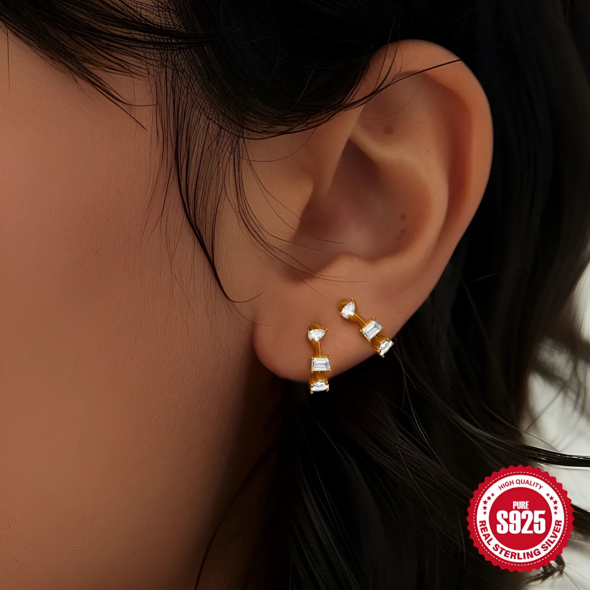 Small round geometric sterling silver stud earrings with diamond accents in gold or silver finish